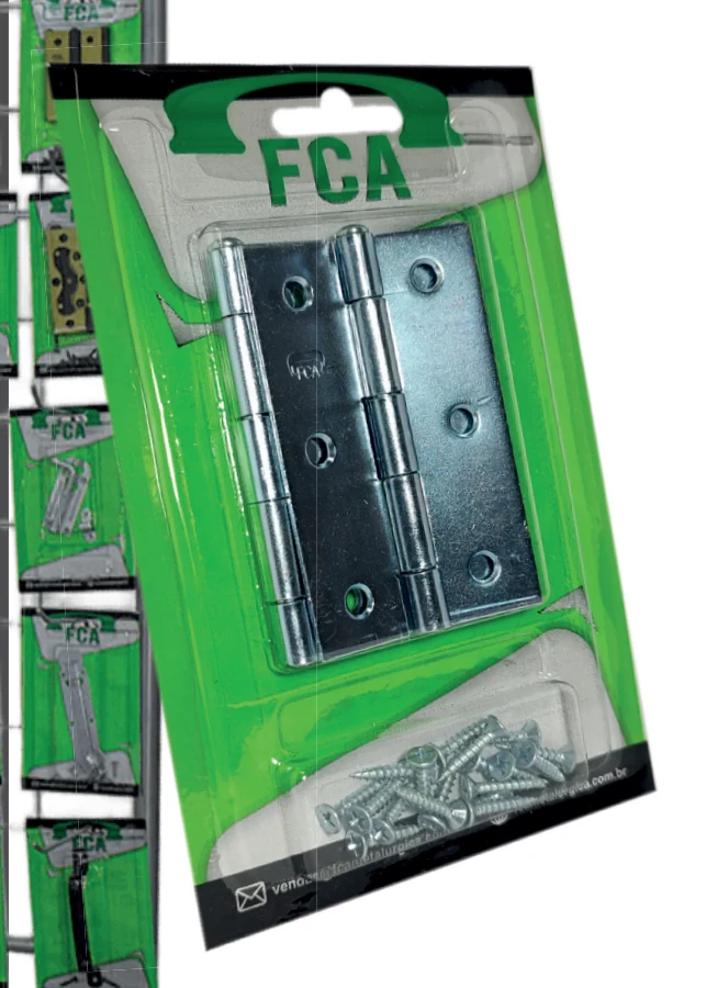 Dobradiça e parafusos em blister verde da FCA, conforme o catálogo